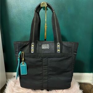 Coach Canvas Handbag, Black Exterior, Turquoise Interior